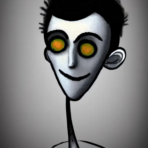 Image similar to young man portrait, black hair, skinny, sleep deprived, corpse bride art style