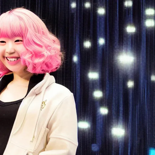 Prompt: chiaki nanami, a japanese girl with light beige-pink hair in a bob that curls outward, a galaga hairpin, a dark turquoise hoodie, and a kind smiling face stars in her own broadway show, chiaki nanami from danganronpa, proshot getty images fullbody stage lights, gamer themed, professional photography