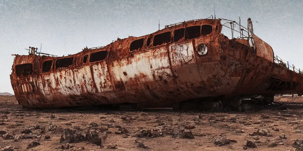 Prompt: the rusted carcass of an ancient cargo ship in a desert, detailed futuristic matte painting