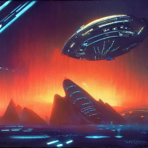 Prompt: scene from bladerunner 2 0 4 9 movie, syd mead artlilery spaceship lands in an alien landscape, filigree ornaments, volumetric lights, syd mead, beksinski