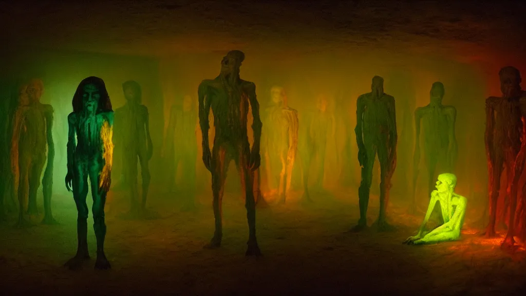 Image similar to the creature in the basement, made of glowing wax and oil, surrounded by friends, film still from the movie directed by denis villeneuve and david cronenberg with art direction by salvador dali and zdzisław beksinski, wide lens