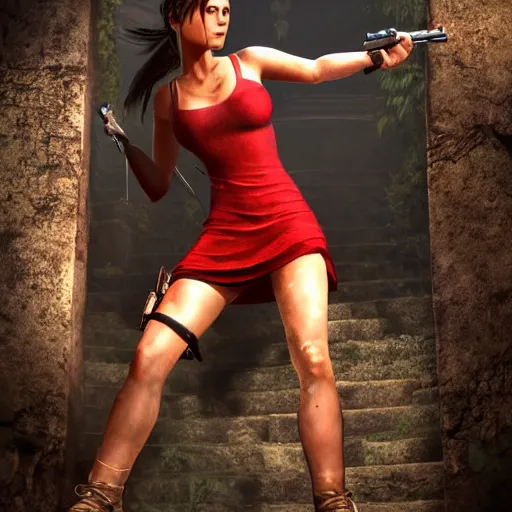 Image similar to photo of tomb raider from angel of darkness wearing red dress with gun shooting high resolution