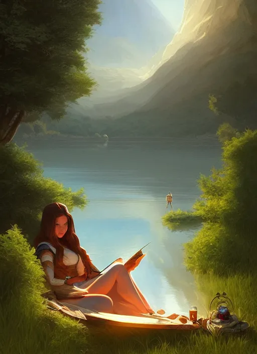 Image similar to full portrait of mage traveller resting at her tent at a lake. intricate, elegant, highly detailed, digital painting, artstation, concept art, smooth, sharp focus, illustration, art by artgerm and greg rutkowski and joe fenton, 8 k
