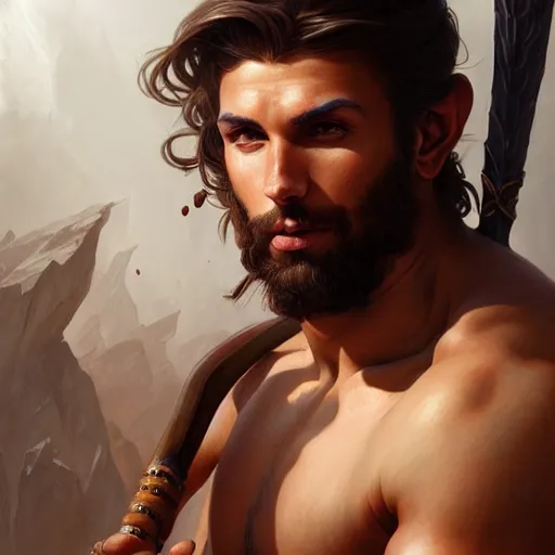 Image similar to portrait of a youthful male barbarian, handsome, toned, D&D, muscular, fantasy, intricate, elegant, highly detailed, digital painting, artstation, concept art, smooth, sharp focus, illustration, art by artgerm and greg rutkowski and alphonse mucha