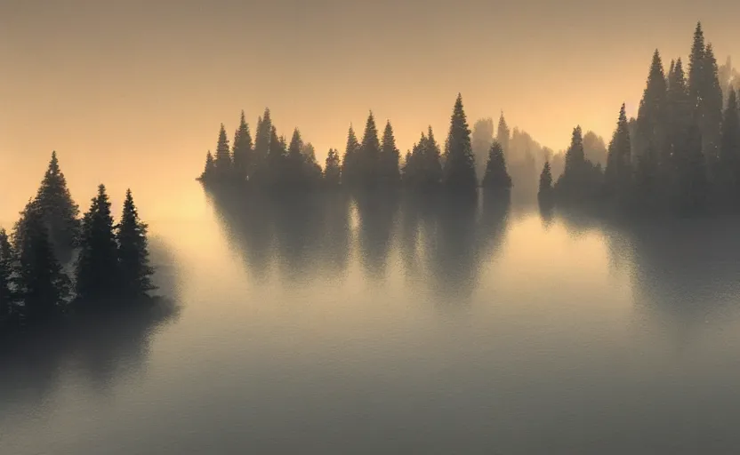 Image similar to a strange lake directed by charlie kaufman ( 2 0 0 1 ) anamorphic lenses, foggy volumetric light before sunrise, cinematic trending on artstation in the style of greg rutkowski