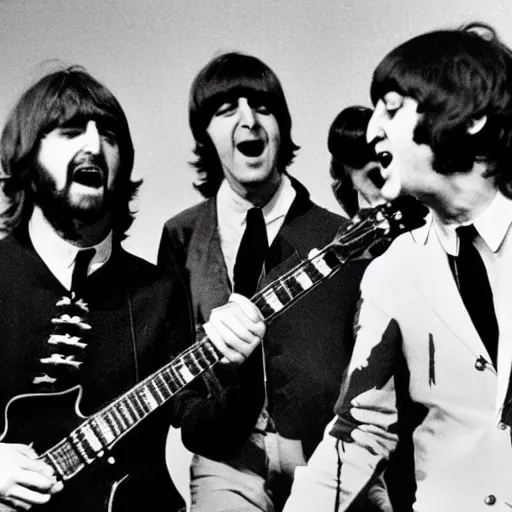 Prompt: the beatles playing death metal music with john lennon screaming into the microphone on stage