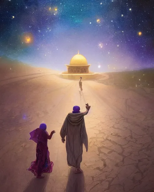 Image similar to bedouin man and woman and child in galaxy walking towards mosque surrounded by nebula, highly detailed, gold filigree, romantic storybook fantasy, soft cinematic lighting, award, disney concept art watercolor illustration by mandy jurgens and alphonse mucha and alena aenami, pastel color palette, featured on artstation