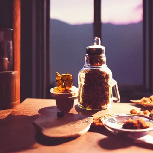 Image similar to kitchen witches brewing cannabis candy high detail realistic cinestill cinematic golden hour volumetric
