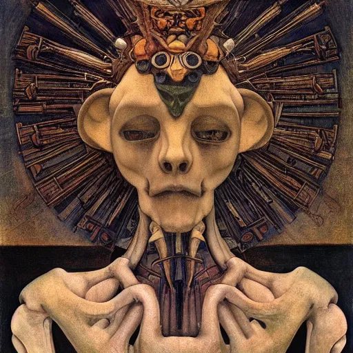 Image similar to weeping robot wearing the bone crown, by Annie Swynnerton and Diego Rivera and Evelyn De Morgan, symbolist, dramatic lighting, elaborate geometric ornament, Jugendstil ,god rays, soft cool colors,smooth, sharp focus, extremely detailed, Adolf Wölfli