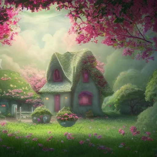 Image similar to a beautiful picture depicts a pale green fairy tale world, a strawberry cottage, white smoke and fairyland. lighting efects, cotton - like white clouds around the house, floating mist and gauze around the house, surrounded by roses, miyazaki hayao animation style, pastoral style, very detailed