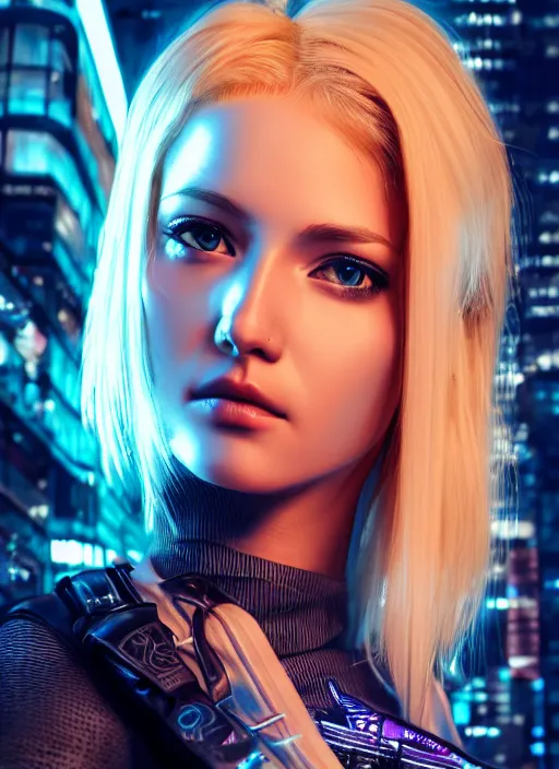 Image similar to photo of a cute blonde female in cyberpunk city, realistic, sharp focus, 8 k high definition, insanely detailed, intricate, elegant, artgerm, by greg kutkowski and vargas, high contrast dramatic lighting