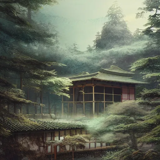 Prompt: a detailed watercolor and matte painting of a japanese tea house surrounded by trees, by Mike Winkelmann, cgsociety, fantasy art