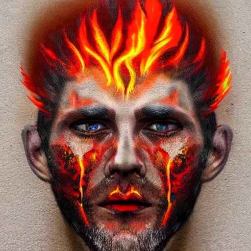 Prompt: image with male face made of fire, artistic drawing, made entirely from painted flames, trending on Artstation