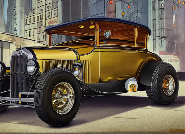 Image similar to touring chicago in a 1 9 3 0 model a ford hot rod, lowbrow style painting by jasmine becket - griffith and danny flynn 8 k resolution, octane render, detailed painting