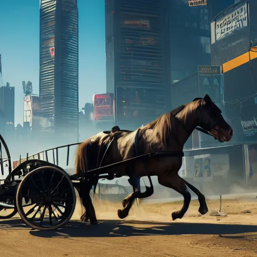 Image similar to Amish man horse cart. Cyberpunk 2077. CP2077. 3840 x 2160