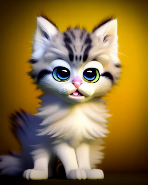 Image similar to cute fluffy kitten with big eyes, portrait, pixar character, octane render, very detailed