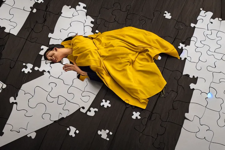 Prompt: a dark-haired woman wearing a yellow raincoat on the floor in front of a bed covered with white linen, puzzle pieces hovering in the air, a sense of awe, atmospheric, cinematic, very detailed, volumetric lighting, photo, by Weta Digital