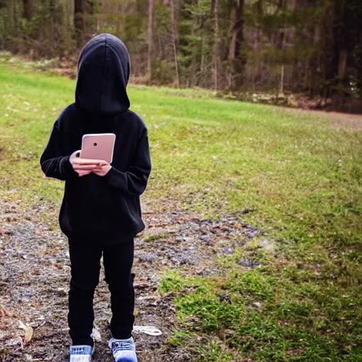 Prompt: a young boy with long greasy hair, wearing a black hoodie, looking down at his phone and slouching