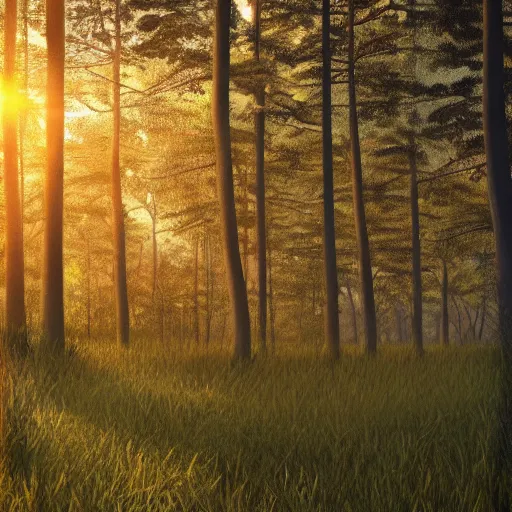 Image similar to photorealistic photo of a forest at sunset, highly detailed