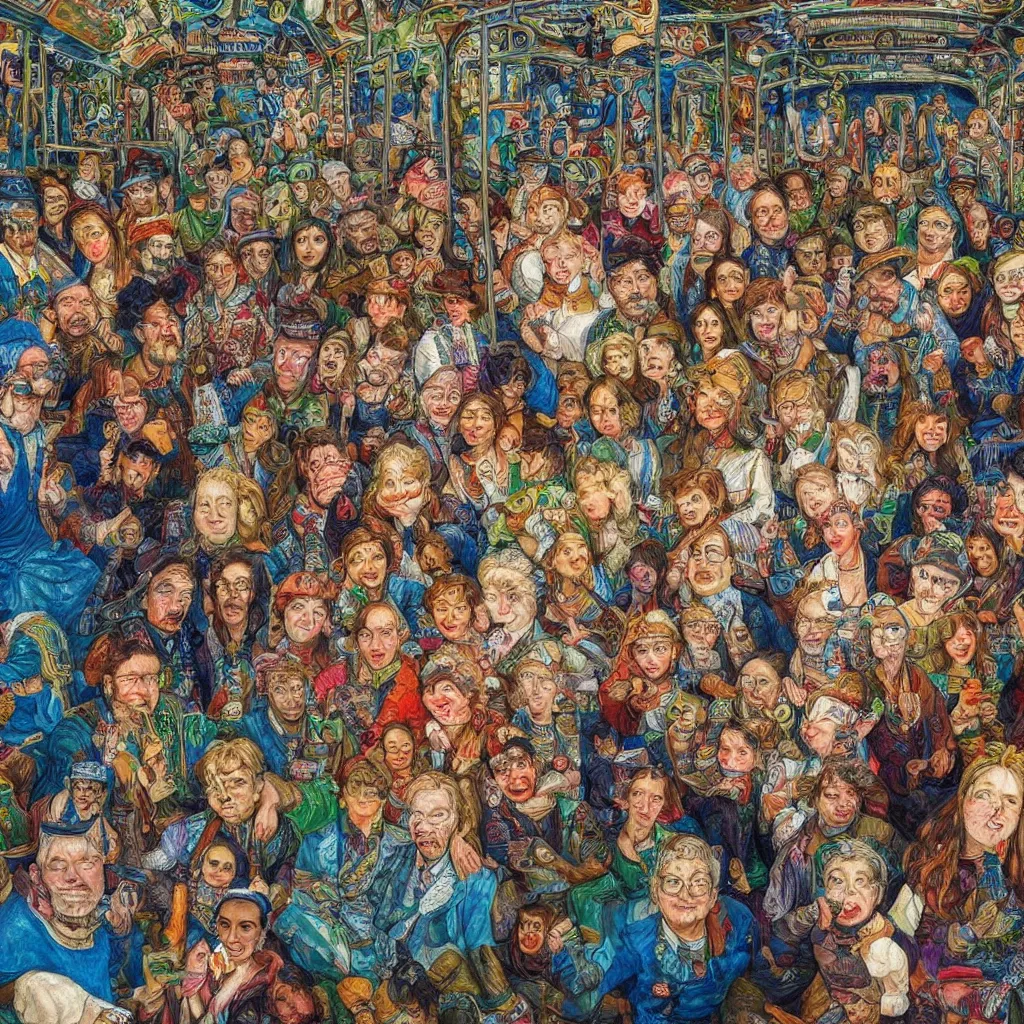 Image similar to detailed colourful masterpiece of photography group portrait of people sat down extreme closeup, in the inside of the beautiful underwater train to atlantis, detailed realistic expressions, wearing unusual clothes, ford maddox brown