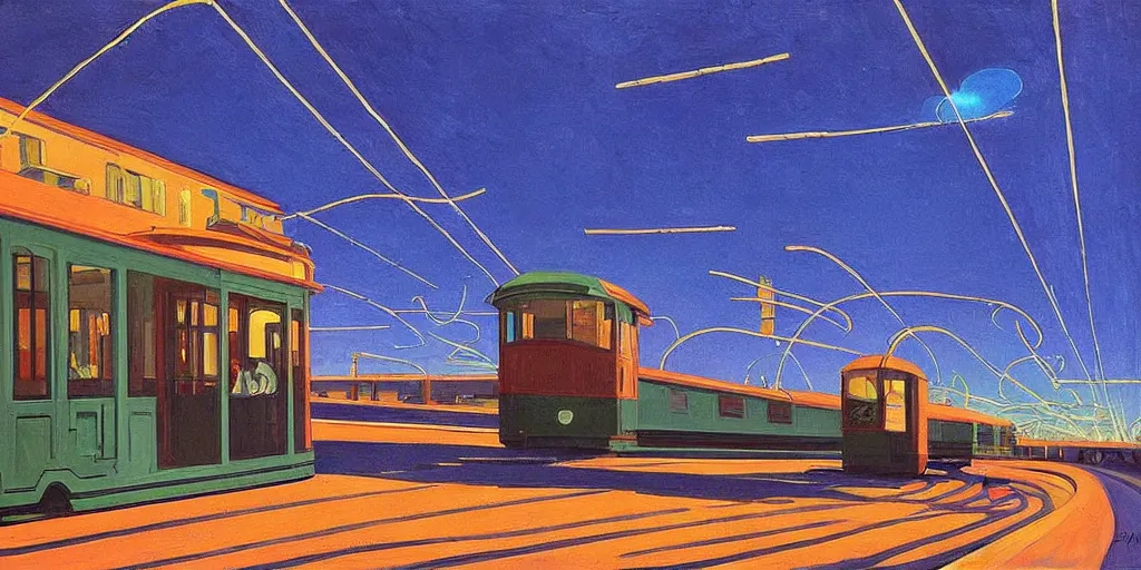 Image similar to street art. paralyzed by the indescribable beauty of the cosmos. amazing view of the electric trail from lisbon. art style by edward hopper daring, incredible