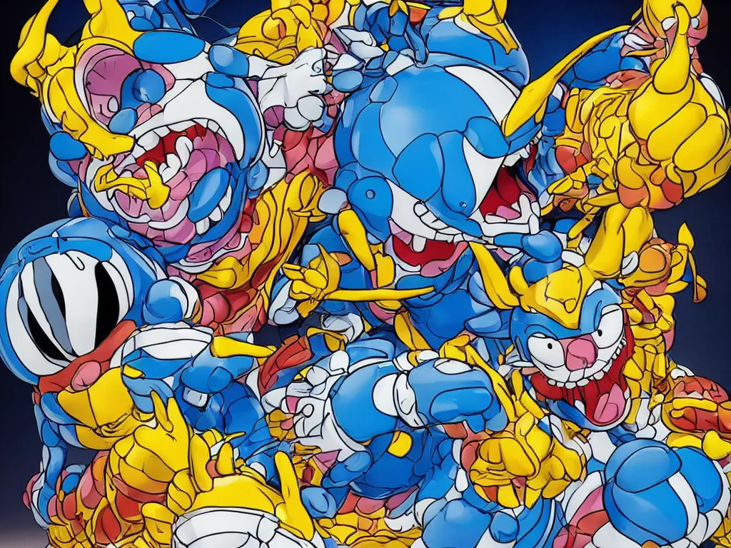 Image similar to Jeff Koons Doraemon Dorami Street Sharks Venom Galaxy Rangers Fractal Dragon statue, in the style of Hajime Sorayama, Max Fleischer, Boris Vallejo