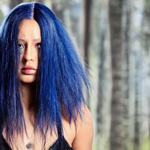 Image similar to portrait of a woman with darker skin with long blue hair and blue eyes, movie still, high definition, colored