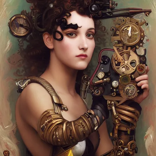 Prompt: a portrait painting of a steampunk fantasy lady, highly detailed, art by tristan eaton and artgerm and william - adolphe bouguereau