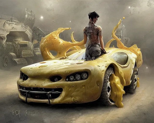 Image similar to a car made of cheese, many holes, concept art by joao ruas, highly detailed, hyperrealistic, artgerm, Tomasz Alen Kopera, WLOP, Boris Vallejo