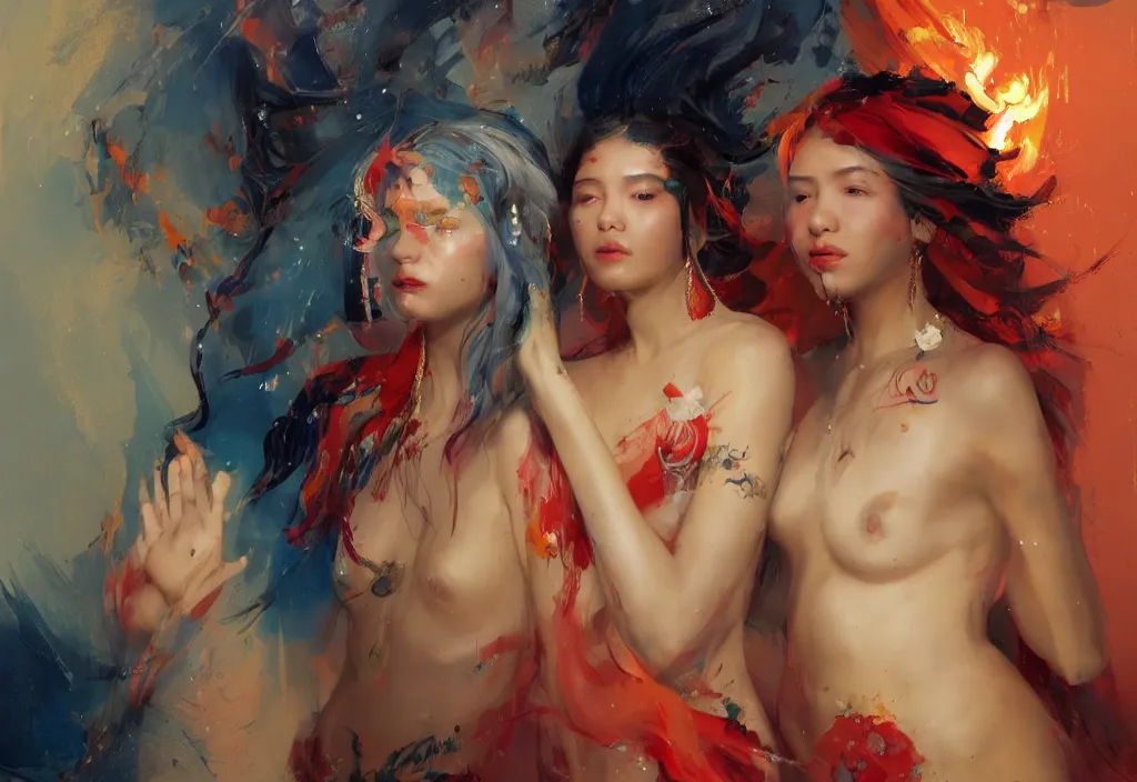 Prompt: full body portrait of a duo of 1 9 years old girl figures, oriental tattoos, jeweled ornament over forehead, subject wearing a used bedsheet, flowing, beautiful, dramatic, theatrical, cinematic lighting, ultramarine, lemon, fire red, few vivid highlights, visible brushstrokes, by greg rutkowski and jeremy mann, artstation, oil on canvas