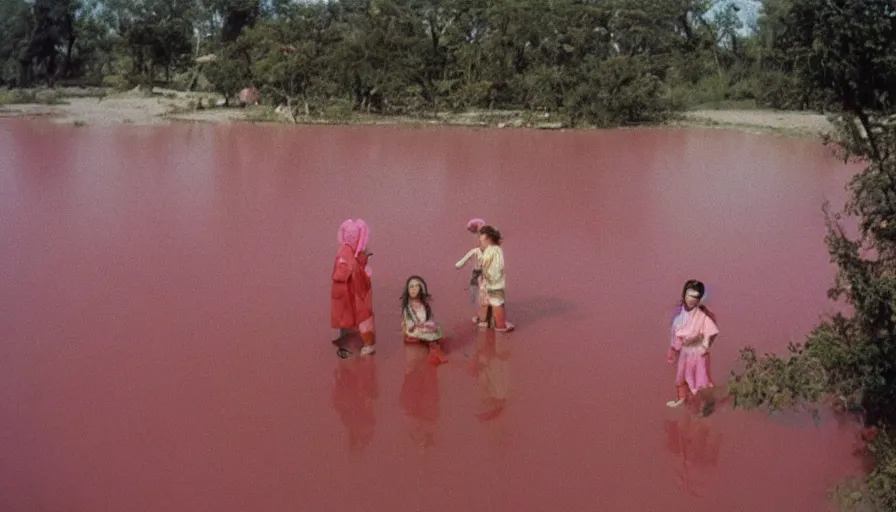 Image similar to 3 5 mm photography of kids wearing a codex seraphinianus costume in a pink lake h 1 1 0 0