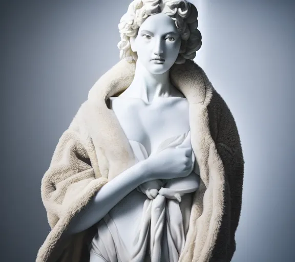 Image similar to well lit fashion shoot portrait of extremely beautiful female marble statue wearing huge over size puffer jacket by dingyun zhang, yeezy, balenciaga, vetements, a cold wall, sharp focus, clear, detailed,, cinematic, detailed, off white, glamourous, symmetrical, vogue, editorial, fashion, magazine shoot, glossy