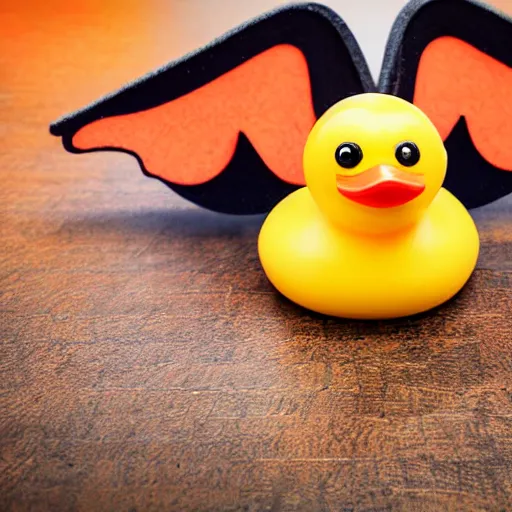 Image similar to beautiful and bright advertising 3 2 mm lens photo of scented soap shaped like a halloween rubber duck with bat wings, studio quality hdr 8 k photograph