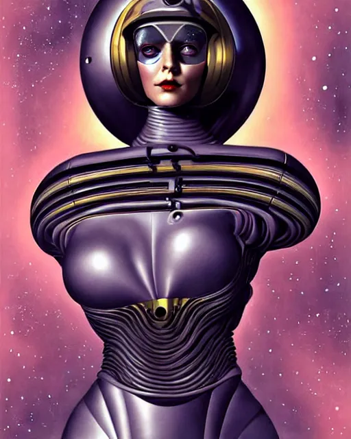 Image similar to futuristic portrait of woman from 2 0 s decade of xx century in metal space suit in a style of hans giger, giger alien style, art by kuvshinov ilya and wayne barlowe and gustav klimt and artgerm