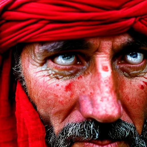 Image similar to portrait of president joe biden as afghan man, green eyes and red scarf looking intently, photograph by steve mccurry