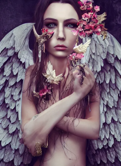 Prompt: expressive full body photo of a female model as beautiful angel, ornate headpiece made from flowers, ivory, ornaments, glamour shot, by karol bak, by stefan gesell, octane render, unreal engine, photorealistic, canon r 3, fashion photography, studio shot, environmental portrait, dark fantasy, dark beauty, magazine, symmetrical features