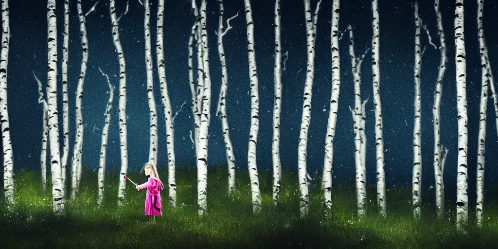 Image similar to young girl playing flute in the middle of a birch forest during a storm at night, lightning dragons race down toward her, low angle facing sky, cinematic, dramatic lighting, high contrast