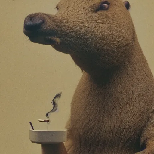 Image similar to a high detail photo of an antropomorphic capybara wearing a suit smoking a cigarrette, subject= duck, subject detail: wearing a suit, subject action: smoking a cigarrette photorealism