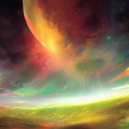Prompt: big glass bubble in a cosmos space full of stars and vibrant clouds, volumetric light, green and yellow colors, digital art, artstation