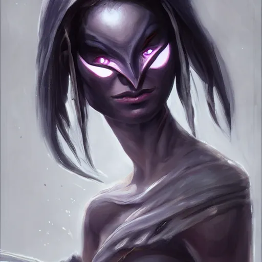 Image similar to a painting of a female dark elf holding her mask, a character portrait by Nína Tryggvadóttir, polycount contest winner, fantasy art, detailed painting, concept art, artstation hd