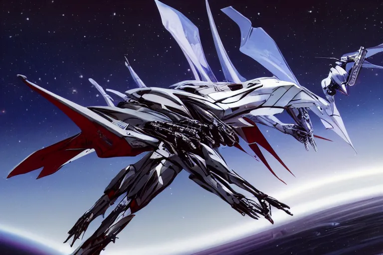 Prompt: gnostic space nebula framing a pteranodon mecha interceptor, small against the backdrop of space, white john berkey armor panels, wine-red and grey trim, robotech styling, with white Kanji markings outlined in black, boeing concept art painting, cinematic lighting, amazing lifelike cinematic photo render, brightly lit