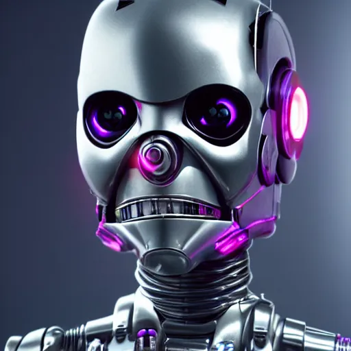 Image similar to photo of a menacing evil villain robot, glowing dark red eyes, metal teeth, purple tubes, striking, Terminator, Ultron, sci-fi, detailed face, 8k C-3PO