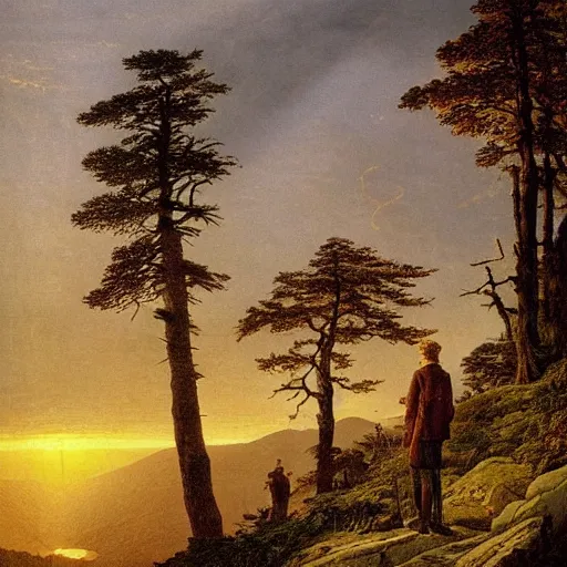 Prompt: a wanderer looking down from the peak of a mountain, distant valley, trees, sunset, sunrays, dramatic light, high detail, masterpiece, painted by caspar david friedrich