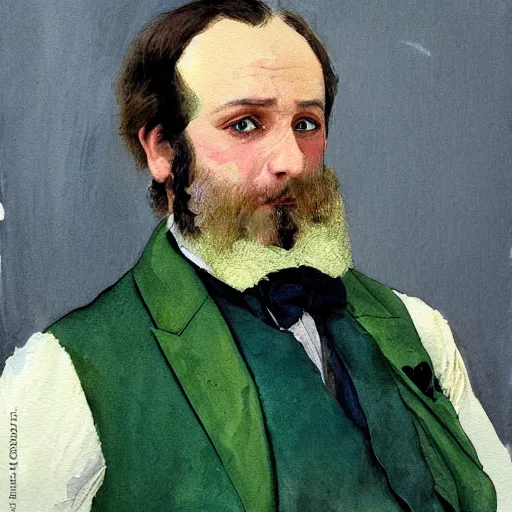Prompt: Portrait of a handsome man with mutton chops. wearing a green suit. colorful necktie, pale white face, long messy hair, ((red)) baggy eyes, tired face, watercolor, brushstrokes, high detail, artstation, background yellow and blue, medium detail, by Ilya Repin