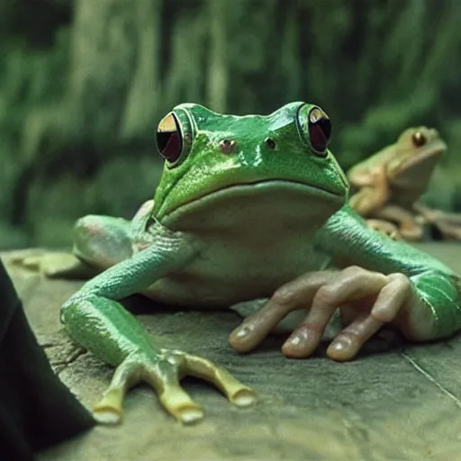 Image similar to movie film still scene, lord of the rings with frog heads