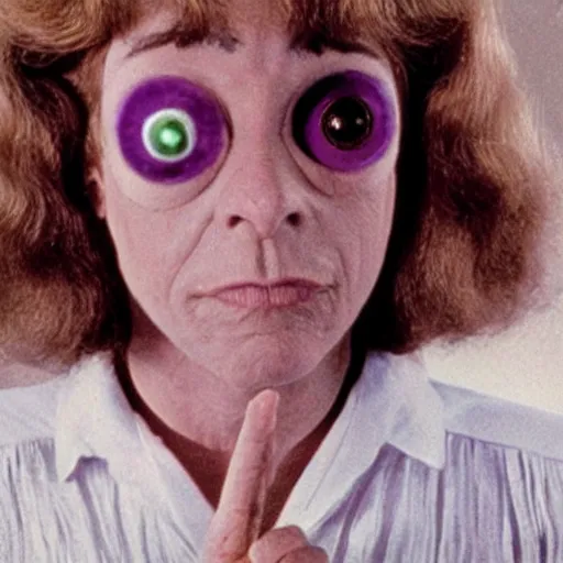 Image similar to middle-age woman enters an eyeball cult, 1977 live-action children's tv show, color