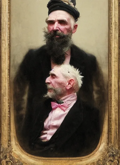 Image similar to a detailed portrait of old man with a long pink mohawk by edouard bisson, punk rock, oil painting, muted colours, soft lighting