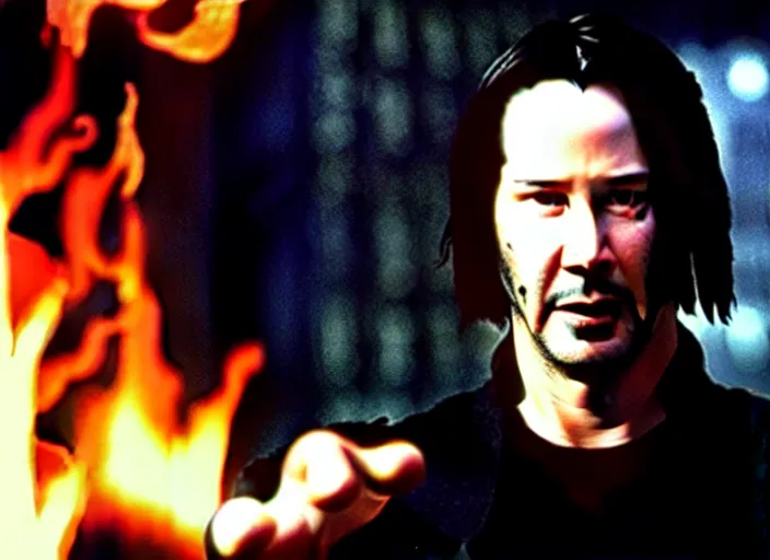 Image similar to A photo of Keanu Reeves as Neo in The Matrix movie doing a thumb up to the camera in front on burning servers, servers in flames in the background, doing a thumb up, The Matrix servers on fire, uncropped, full body, crispy, symmetrical face, ultra detailed, cinematic