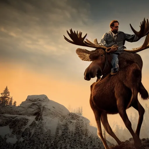 Image similar to the king of sweden riding a moose, hyperrealistic photograph, dim volumetric lighting, 8 k, octane beautifully detailed render, extremely hyper detailed, intricate, epic composition, cinematic lighting, masterpiece, trending on artstation, very very detailed, stunning, hdr, smooth, sharp focus, high resolution, award, winning photo, dslr, 5 0 mm