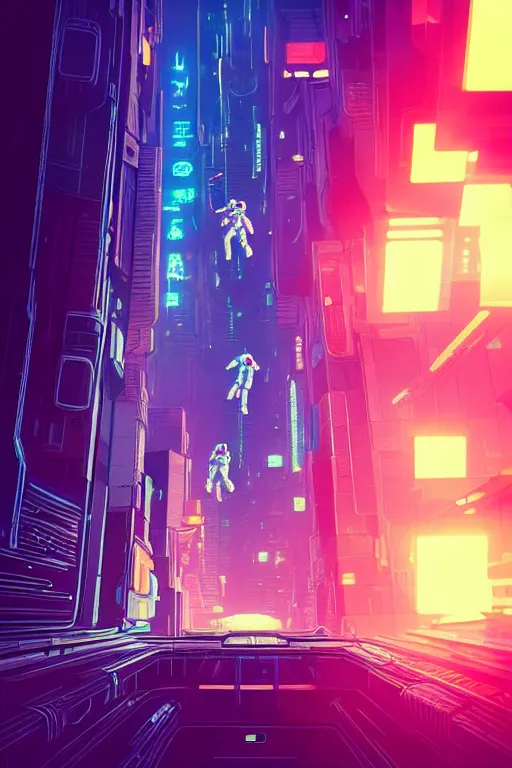 Prompt: A picture of an astronaut close to the camera in a upside down cyberpunk city by moebius, Neil Blevins and Jordan Grimmer, neon lights, surreal